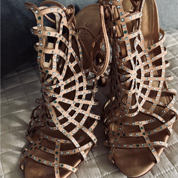 SCHUTZ Tan Leather Strappy Heels with Rhinestones - Picture 2 of 7